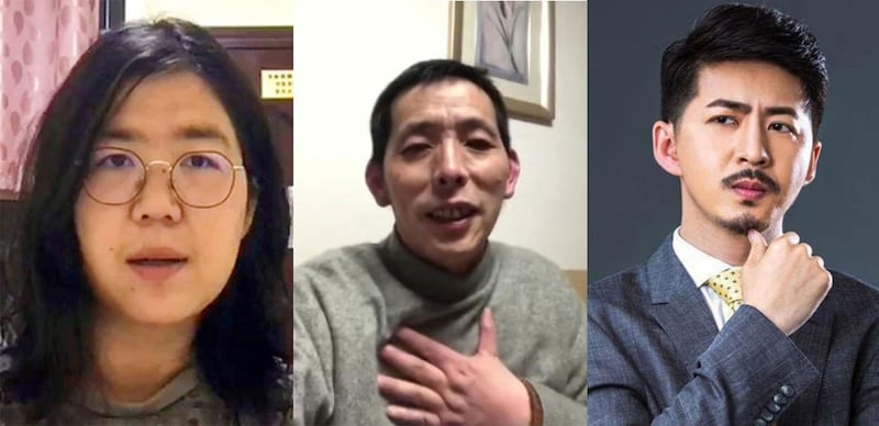在武汉孤身探索疫情真相并向外传递信息的公民记者张展(左)、方斌(中)、陈秋实(右)等人,也被外界认为是孤勇者。(推特图片)