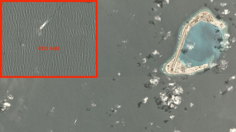 Satellite imagery shows a ship leaving Subi Reef, corresponding to the 5402's location according to vessel tracking data, July 3, 2020.