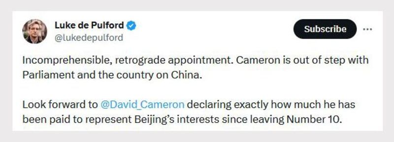 “对华政策跨国议会联盟”执行董事裴伦德(Luke de Pulford)形容卡梅伦出任外相的决定“难以理解”,也是“倒行逆施”。(lukedepulford@lukedepulford)