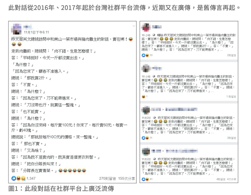 网上散播蔡英文视察市场与便衣刑警伪装的猪肉摊商对话的假讯息。(截自台湾事实查核中心调查报告网页)