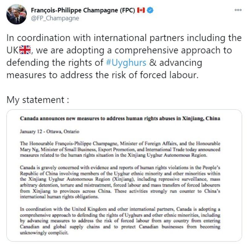 离开外交部长职位前的商鹏飞,对中国在新疆的作为提出严肃警告。 (推特截图)