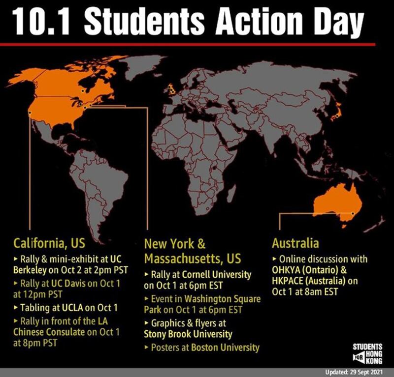 自由香港学生运动为10月1日、2日的“学生行动日”制作的海报,展示了本次全球行动在世界各地的情况。(来自Students For Hong Kong脸书主页)