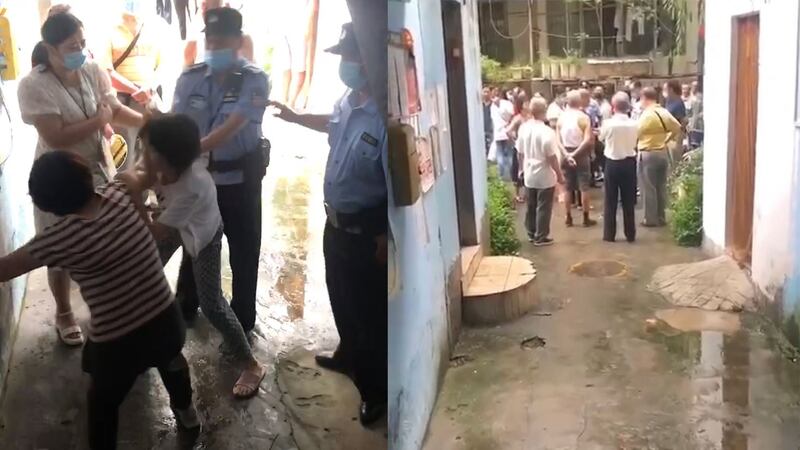 左图:一位拒绝搬迁的信徒与政府方人员发生激烈争执。(视频截图); 右图:家住武侯小区的多名基督徒遭到驱赶,有信徒被警察带走。(视频截图)