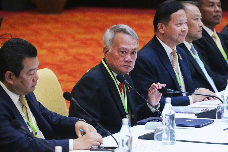 Thai Border Affairs Advisor to the Ministry of Foreign Affairs Prasas Prasasvinitchai, second from left, attends a meeting of the Cambodian-Thai joint commission on demarcation for land boundary in Phnom Penh, Cambodia, June 14, 2025.