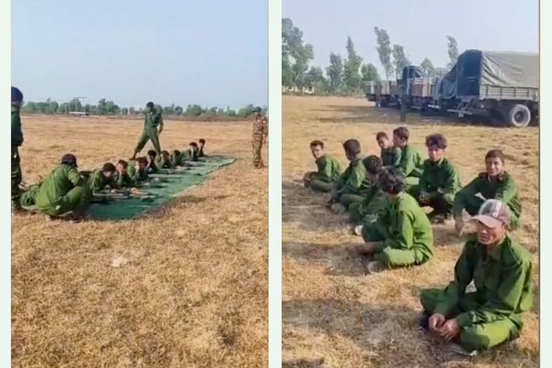 In screenshots from a video, people who appear to be Rohingya Muslims in Rakhine state undergo weapons training by junta military personnel on March 10, 2024. (Citizen journalist)
