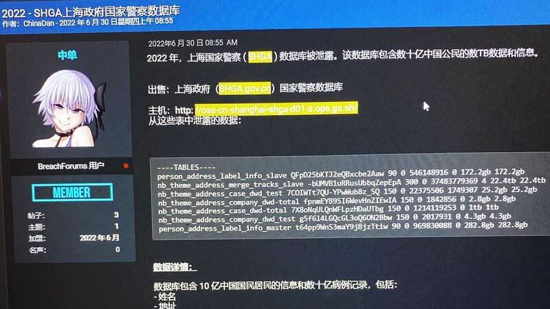 Telegram频道爆出中国上海公安系统遭骇的消息(社媒截图)