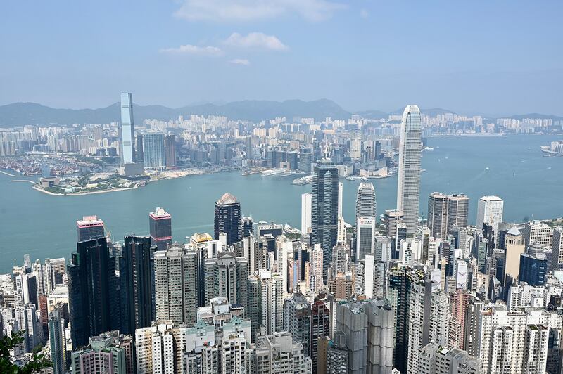 Aerial view of buildings on both sides of Victoria Harbor on Oct. 8, 2024 in Hong Kong.