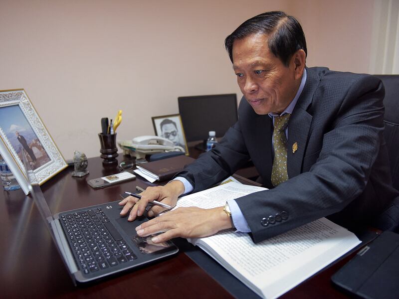 Lim Kimya, a member of the National Assembly from Cambodia National Rescue Party, works in his office in Phnom Penh, Cambodia, Oct. 17, 2017.