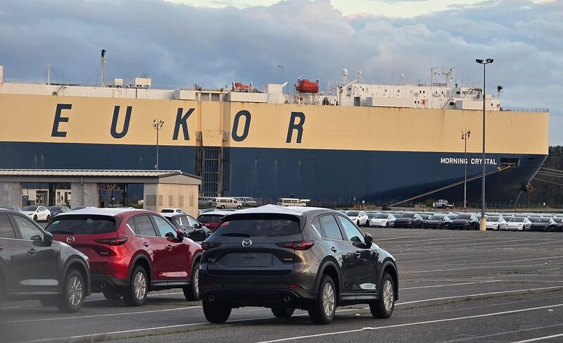 有大型货船载运进口车辆定期抵达加拿大西岸,专家担心中国电动车进口将对加拿大经济造成巨大伤害。 (记者柳飞拍摄)