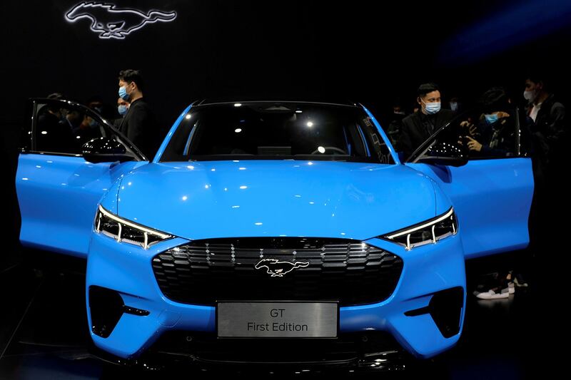 图为,2021 年 4 月 13 日,上海举行福特野马Mustang Mach-E的上市发布会。(路透社)