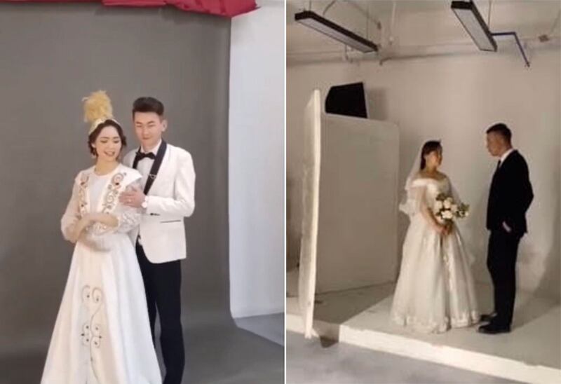 左图:新疆伊犁一婚纱店,店主照常开业接婚宴。(志愿者提供) 右图:一对哈萨克族新人拍婚纱照。(志愿者提供)