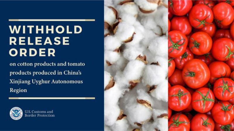 美国国土安全部和海关与边境保护局周三(13日)宣布,禁止所有新疆的棉花、番茄制品入境美国。(美国海关与边境保护局官方推特图片)