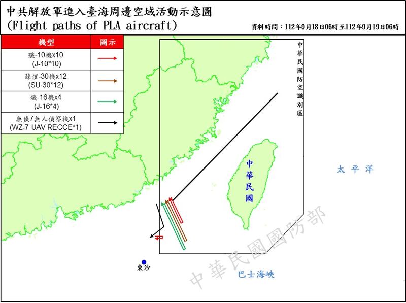 台湾的国防部发布《中共解放军进入台海周边空域活动示意图》显示，中国27架次军机进入台湾西南空域。(台湾的国防部提供)