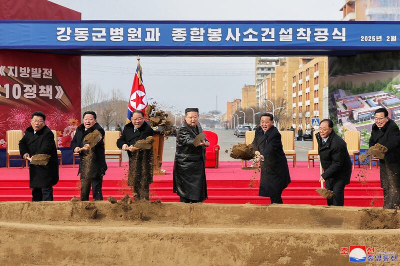North Korean leader Kim Jong Un takes part in the groundbreaking ceremony for the Kangdong County Hospital and General Service Center in Kangdong County, North Korea, February 6, 2025, in this photo released by North Korea's official Korean Central News Agency.    KCNA via REUTERS    ATTENTION EDITORS - THIS IMAGE WAS PROVIDED BY A THIRD PARTY. REUTERS IS UNABLE TO INDEPENDENTLY VERIFY THIS IMAGE. NO THIRD PARTY SALES. SOUTH KOREA OUT. NO COMMERCIAL OR EDITORIAL SALES IN SOUTH KOREA.
