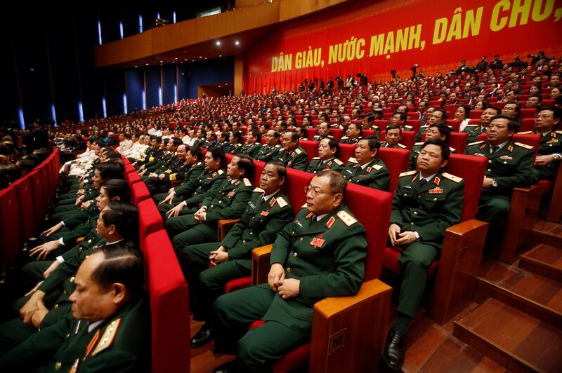 Military delegates attend the closing ceremony of the 12th National Congress of Vietnam Communist Party in Hanoi, Vietnam, Jan. 28, 2016. (Kham/Pool via AP)