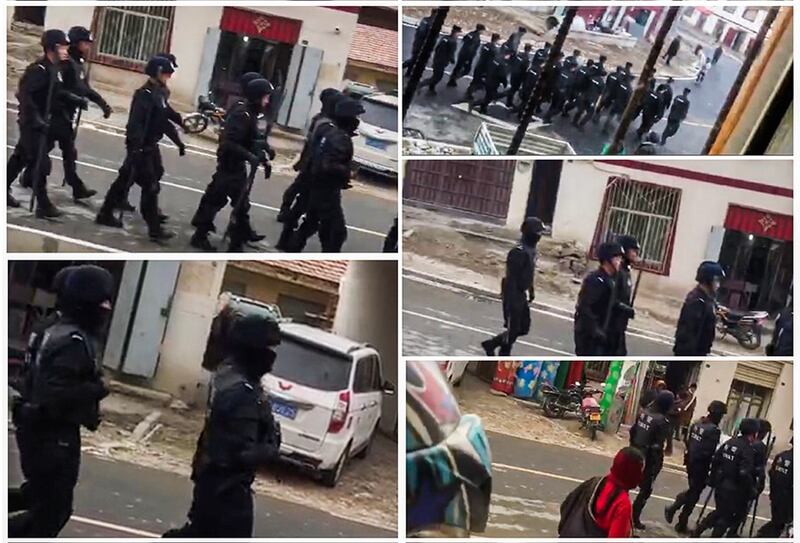 资料图片:军警在四川甘孜州石渠县温波境内列队巡逻时。(受访人提供/RFA)