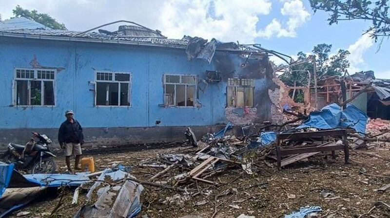 Buildings lie damaged from junta bombing, Sept. 2, 2024 in Maung Kone village, Tigyaing township, in Sagaing region. (Tigyaing Township People's Administration via Facebook)
