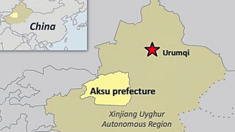 A map shows Aksu prefecture in northwest China's Xinjiang Uyghur Autonomous Region.