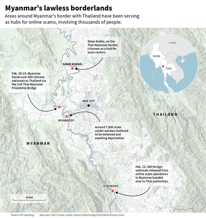 Map of scam centers in eastern Myanmar
