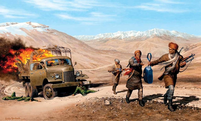 An oil on canvas painting by Keith Woodcock, which was commissioned by former CIA official Bruce Walker, who trained Tibetan resistance fighters at CIA’s Camp Hale training facility in Colorado. The painting, which was unveiled in 2009, shows a depiction of the pouch with rare and valuable intelligence about China that CIA-trained Tibetan resistance fighters secured after a successful ambush of a Chinese convoy in October 1961.