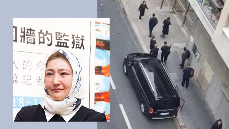 5月8日，習近平訪法結束後隔天，新疆集中營見證人古力巴哈遭到10多名黑衣男子的遣返威脅。（歐洲維吾爾學院主席迪麗努爾X圖）