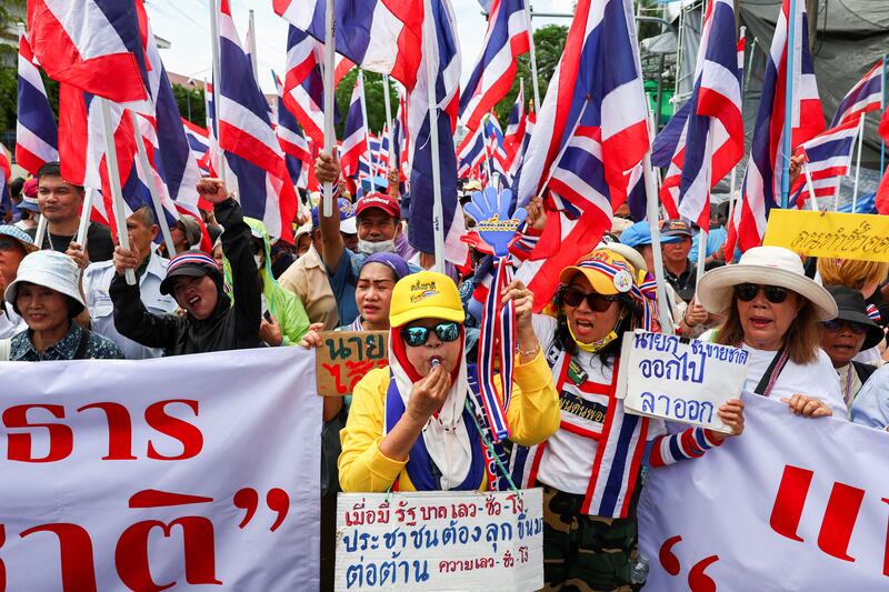 Demonstrators critical of Thai Prime Minister Paetongtarn Shinawatra protest following a leak of a phone call between Shinawatra and Cambodia's Hun Sen, regarding the border dispute between the two countries, in Bangkok, June 19, 2025.