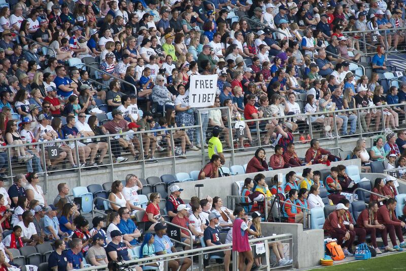 Tibetan activists called for a “Free Tibet” at Allianz stadium in St. Paul, Minnesota, where China’s women’s national soccer team faced the U.S. national team in an international friendly.