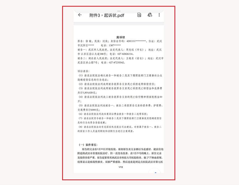 2020年7月20日,徐敏向武汉市中级人民法院提交起诉状,为父亲病逝向政府索赔。(杨占青独家提供)