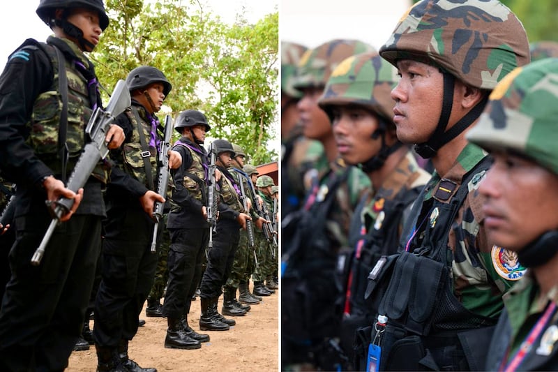 A photo illustration created from Thai and Cambodian government-released photos shows Thai soldiers, left, and Cambodian soldiers at their respective border areas.
