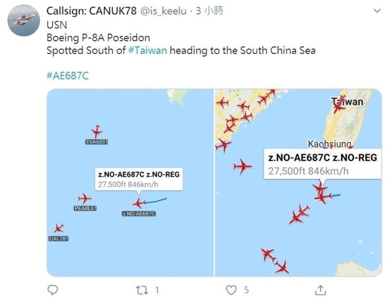 擅长追踪军机航迹讯号的Callsign:CANUK78的推特账号，特别在美机侦巡相关推文中标注台湾。（取自Callsign:CANUK78推特）