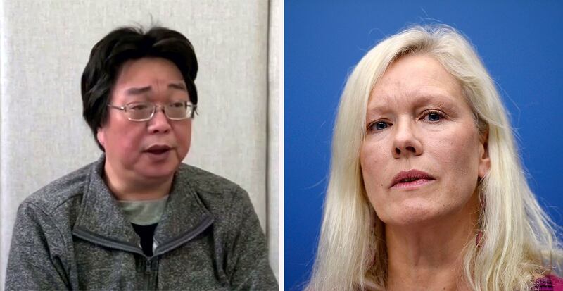 前香港铜锣湾书店股东桂民海(左)女儿牵线救父的前瑞典驻中国大使林戴安Anna Lindstedt(右)5日在斯德哥尔摩受审。(图源:法新社/美联社)