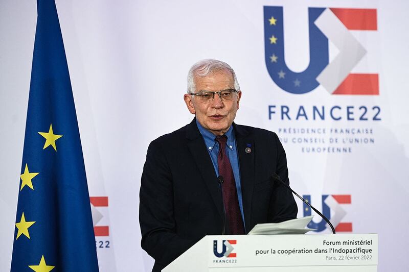 欧洲联盟外交和安全政策高级代表博雷利说,“我们正在与印太国家打交道这一事实,并不意味着我们正在建立任何反华联盟或表达我们的反华态度”。(法新社)