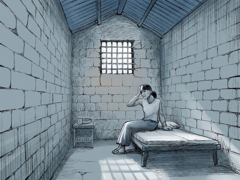 နေပြည်တော်တွင် အကျဉ်းကျခံနေရသည့် ဒေါ်အောင်ဆန်းစုကြည်ပုံကို သားဖြစ်သူ ကင်မ်အဲရစ်၊ အကျဉ်းထောင်မှလွတ်လာသည့် ရှောင်တာနဲလ်တို့နှင့် တွေ့ဆုံမေးမြန်းမှုအပေါ် အခြေခံကာ သရုပ်ဖော်ထားသည့်ပုံ။ (Illustration of Rebel Pepper/RFA)