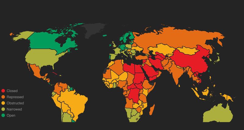 非政府人权组织CIVICUS和区域人权组织亚洲论坛（Forum-Asia） 4日在曼谷发布2019年“受威胁的公民力量报告”。台湾是亚洲唯一被评为“开放”的国家。（CIVICUS截图）
