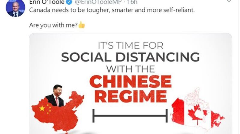 加拿大国会议员奥图尔发推特谴责中国，呼吁和中国保持距离。 (推特截图)